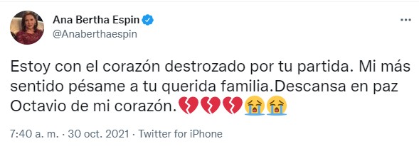 Estoy con el corazón destrozado por tu partida: Ana Bertha Espín sobre Octavio Ocaña
