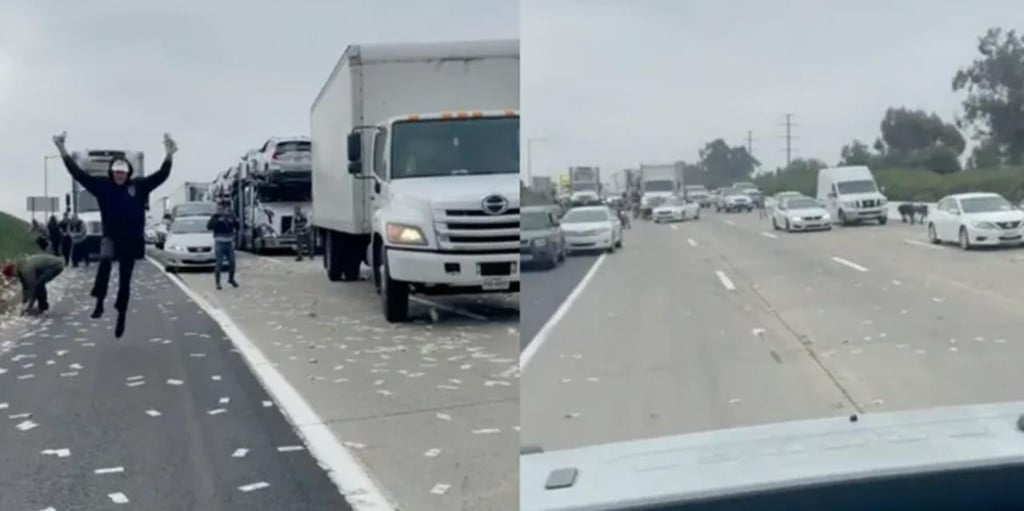 Camión blindado tira dinero en una autopista y motoristas se detienen a recogerlo