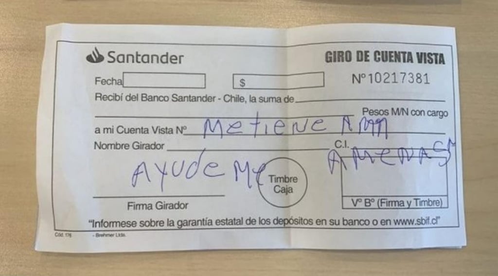 'Me tienen amenazado'; hombre secuestrado pide ayuda a través de un cheque