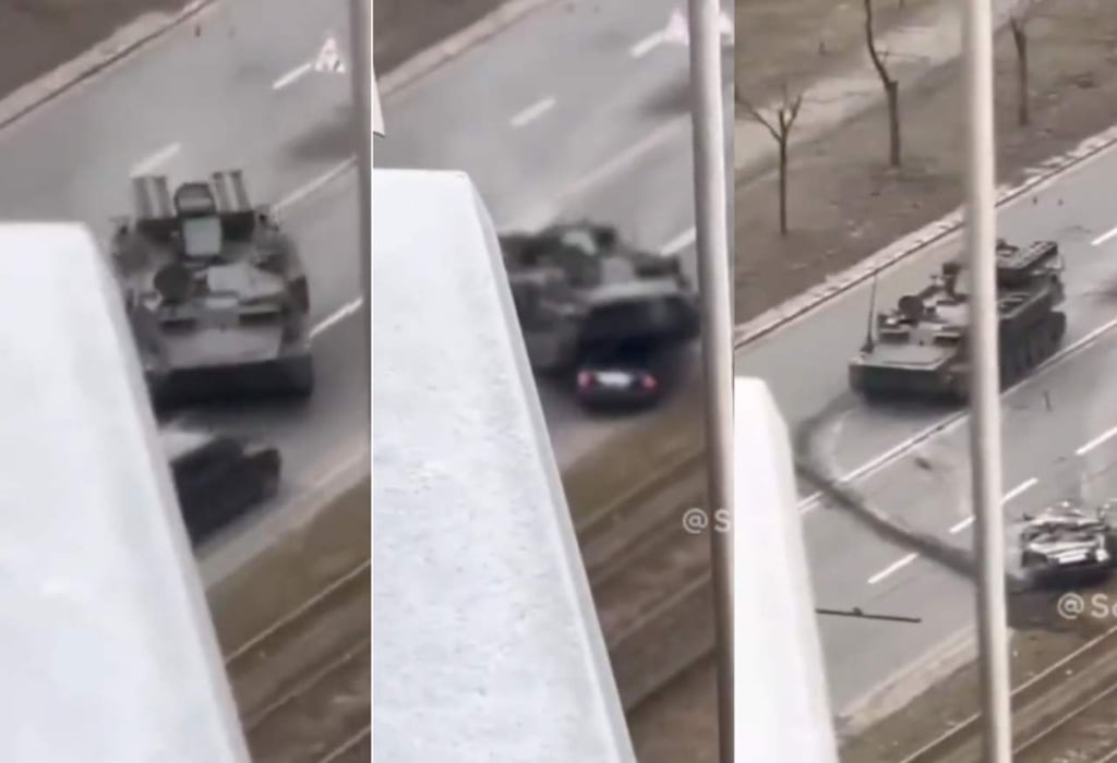 VIDEO: Captan a un tanque de guerra 'aplastando' a un auto civil; conductor sobrevivió