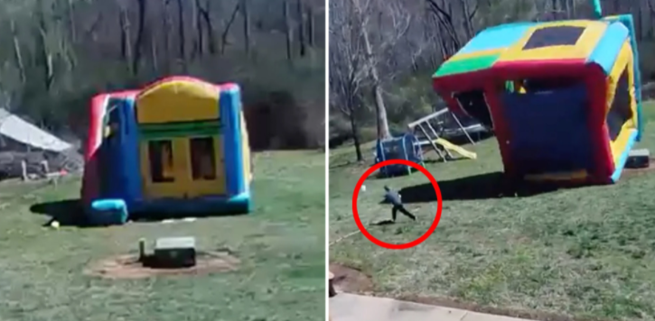 Niño de 5 años por poco es golpeado por Castillo inflable que fue arrastrado por el viento