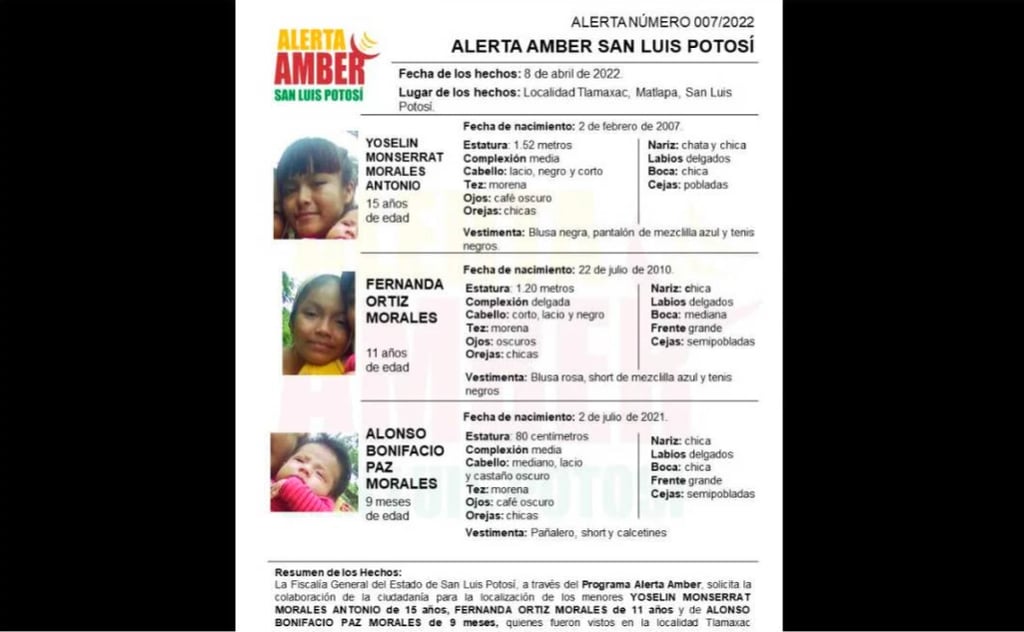 Activan Alerta Amber por tres menores desaparecidos en Matlapa, San Luis Potosí