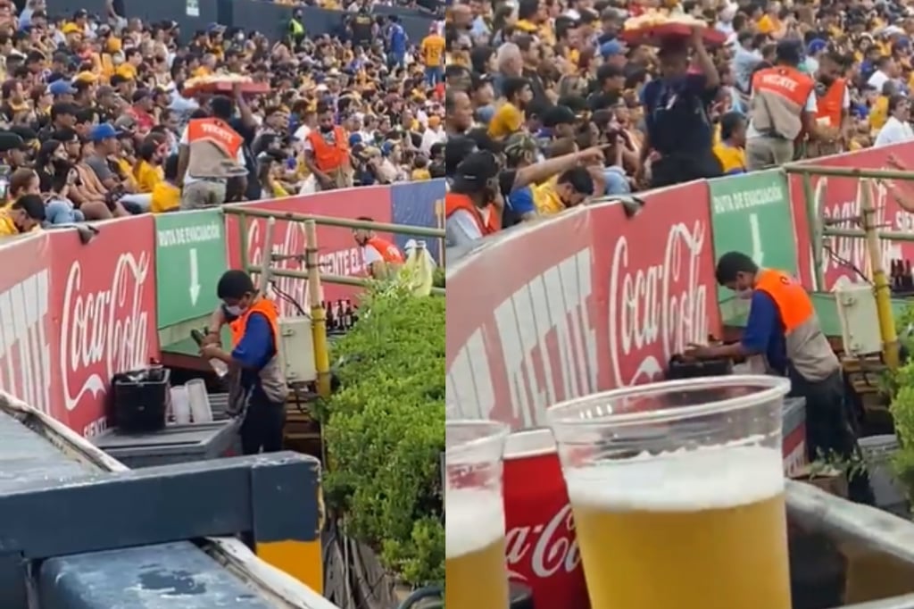 Aparece vendedor rellenando la cerveza con agua de hielera en el estadio de Tigres 