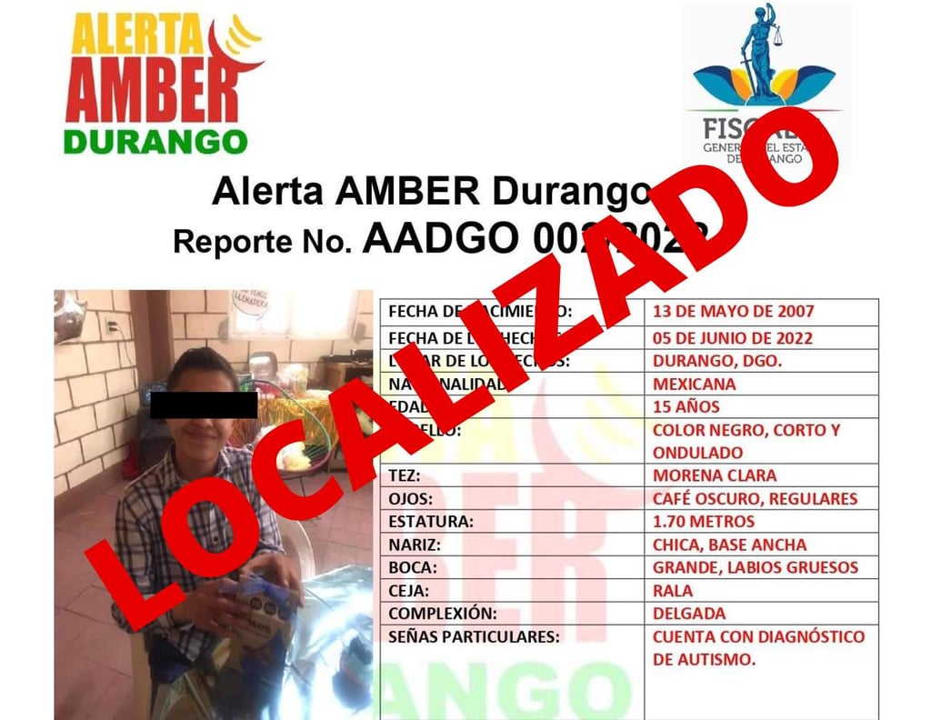 Activan Alerta Amber por menor con autismo desaparecido en Durango