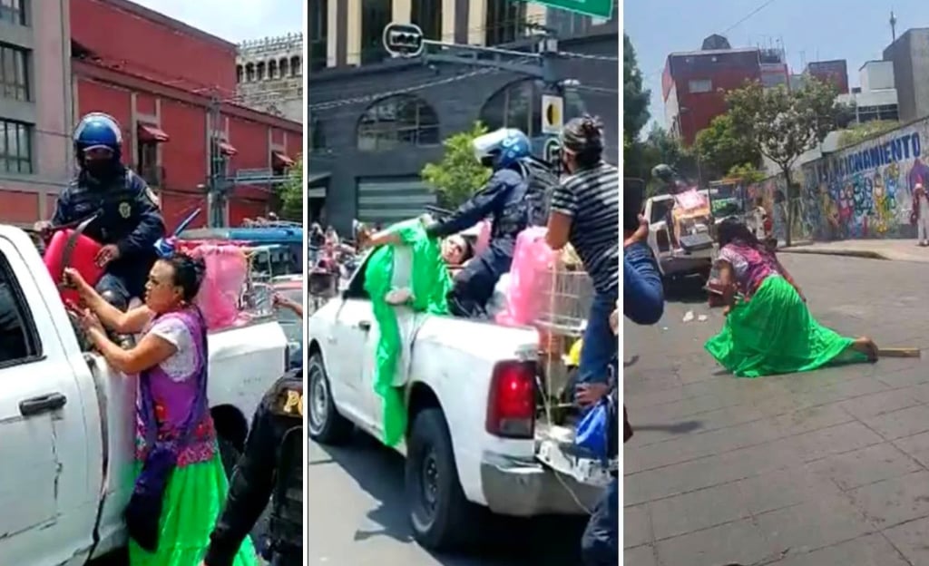 VIDEO: 'Lady Tacos de canasta' se enfrenta a policías y los acusa de llevarse sus sillas