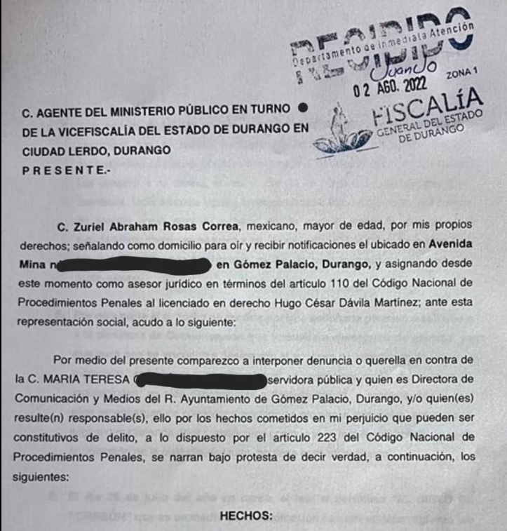 Interponen denuncia contra directora de Gómez Palacio por falsificación de documentos