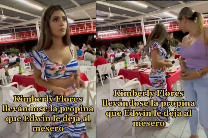 VIDEO: Kimberly Flores, esposa del cantante Edwin Luna, se lleva la propina que le dejan al mesero
