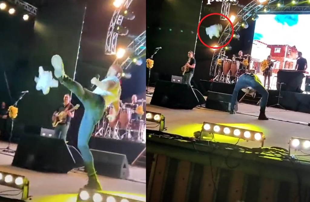 ¡Oye, no! José Madero patea muñeco del Dr Simi que le lanzaron en concierto