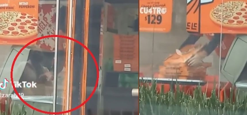 VIDEO: ¿Queeé? Captan a trabajador de una pizzería ‘reciclando’ las cajas del bote de basura
