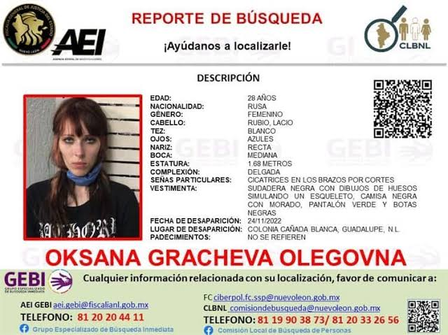 Buscan a Oksana Gracheva, joven rusa desaparecida en Guadalupe, Nuevo León