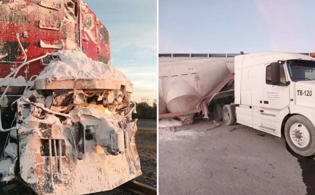 Tren impacta a tráiler cargado con marmolina en el ejido Brittingham de Gómez Palacio