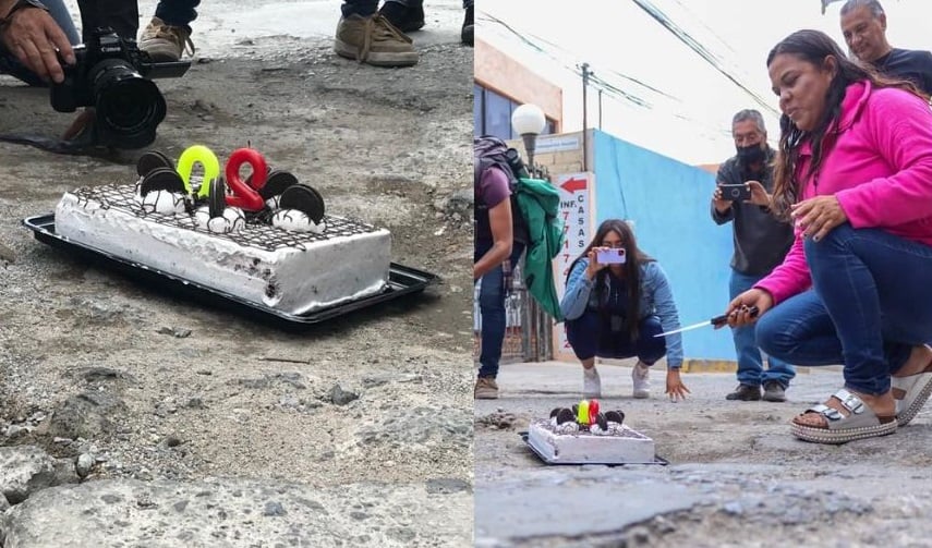 VIDEO: Vecinos celebran con pastel y mañanitas el cumpleaños 20 de un bache