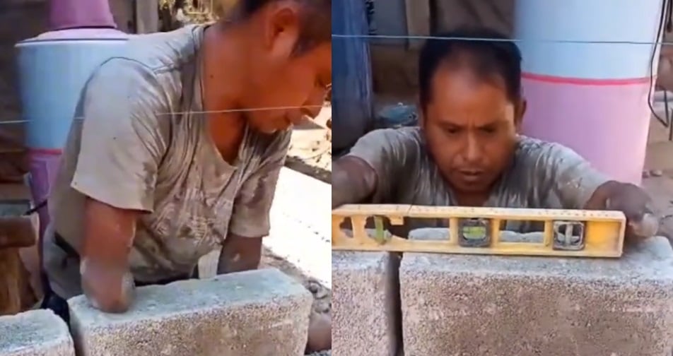 Albañil sin brazos se vuelve viral por su esfuerzo y dedicación al trabajo