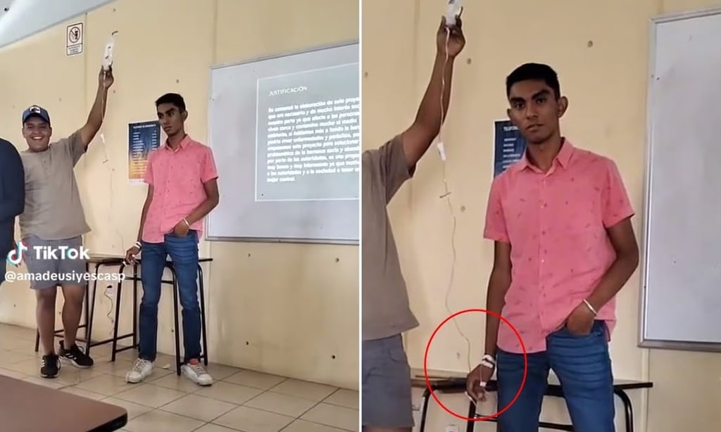 VIDEO: Con todo y suero, estudiante acude a clase para presentar su exposición