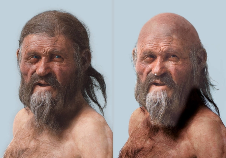 A la izquierda, la primera representación de Ötzi; a la derecha, la nueva imagen según ha revelado su último análisis de ADN. (SOUTH TYROL MUSEUM OF ARCHAEOLOGY/OCHSENREITER/ABC)