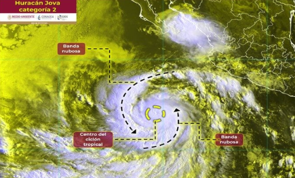 Jova se intensificó a huracán de categoría 2 en la escala Saffir-Simpson, según el Servicio Meteorológico Nacional de la Conagua. (TWITTER)