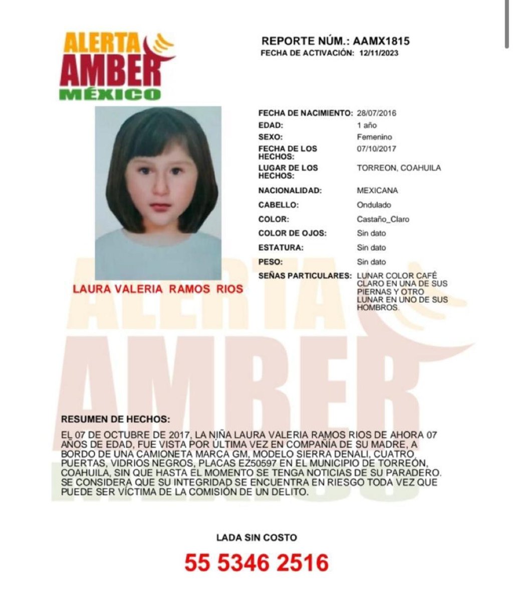 Seis años después, Fiscalía de Coahuila activa Alerta Amber por desaparición de una niña