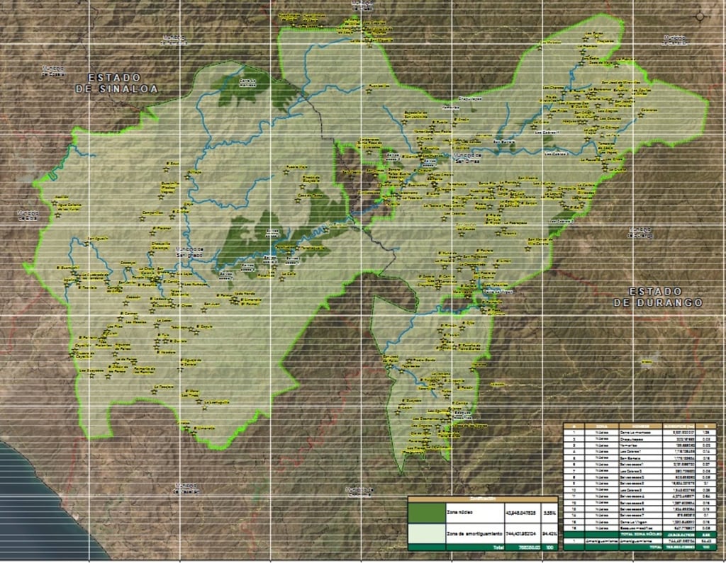 Protegida. Son cerca de 800 mil hectáreas las que estarían incluidas en la Zona nacional Protegida que abarcaría los municipios de San Ignacio de Sinaloa y el de San Dimas en Durango, afectando la actividad minera y la forestal.