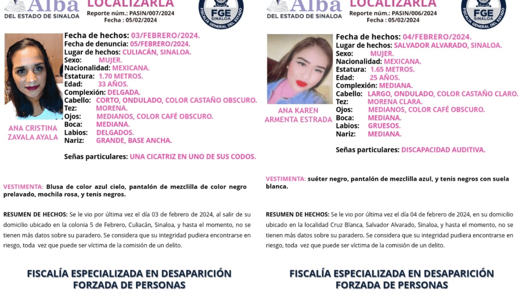 Buscan a dos mujeres desaparecidas en Sinaloa
