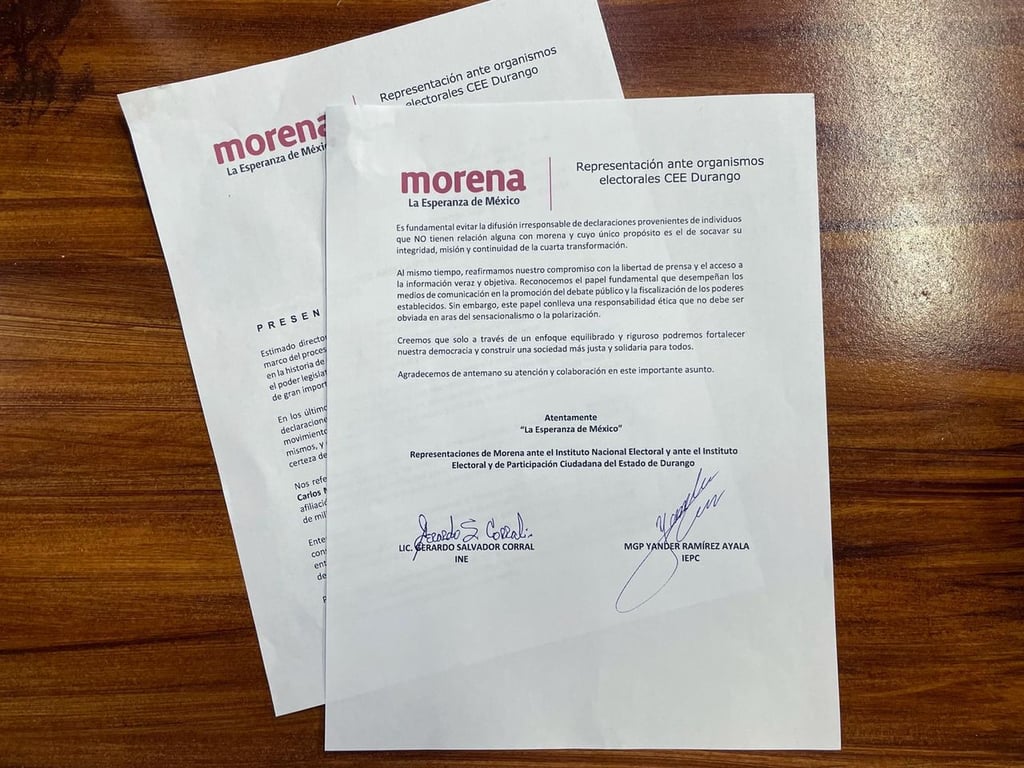 Anuncio. En este documento enviado a El Siglo de Durango, Morena pide a los medios cerrar los espacios a do exmilitantes de ese partido político.