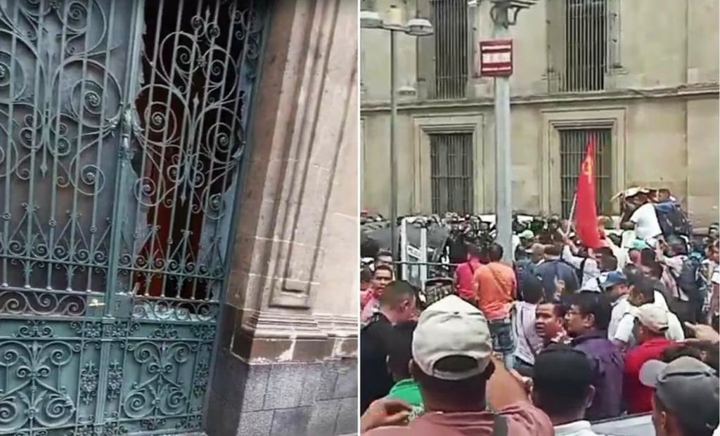 CNTE se enfrenta a policías y rompe vidrios de Palacio Nacional tras reunión con AMLO