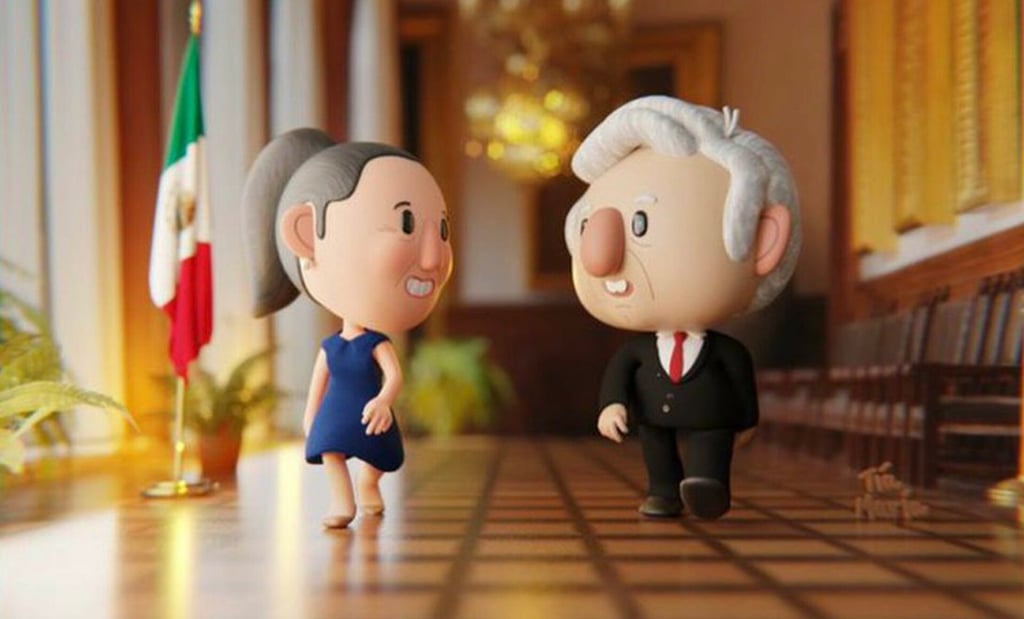 AMLO presume en la mañanera figuras animadas de él y Sheinbaum
