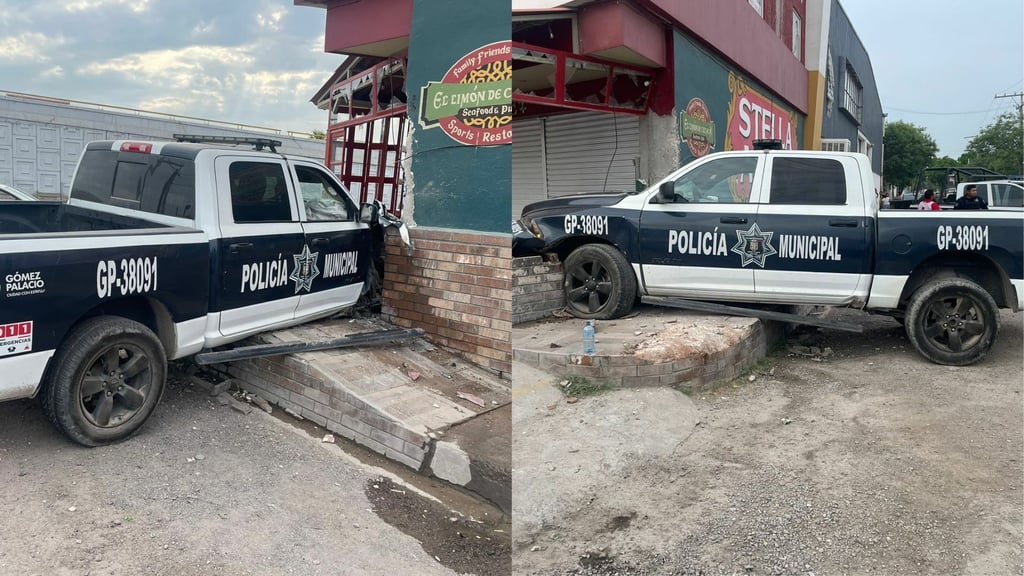 Patrulla choca contra un restaurante en Gómez Palacio