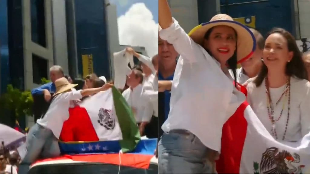 Sandra Cuevas entrega la bandera mexicana en marcha de la oposición en Venezuela | VIDEO