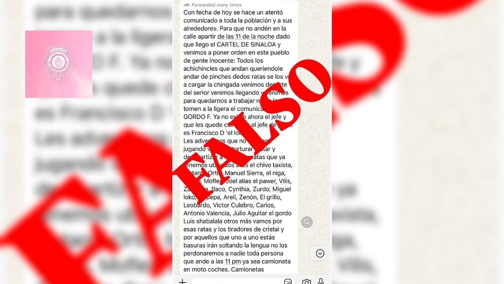 Exhorto. Seguridad Pública alerta que dicho mensaje es falso, por lo que llama a la población a ignorarlo.