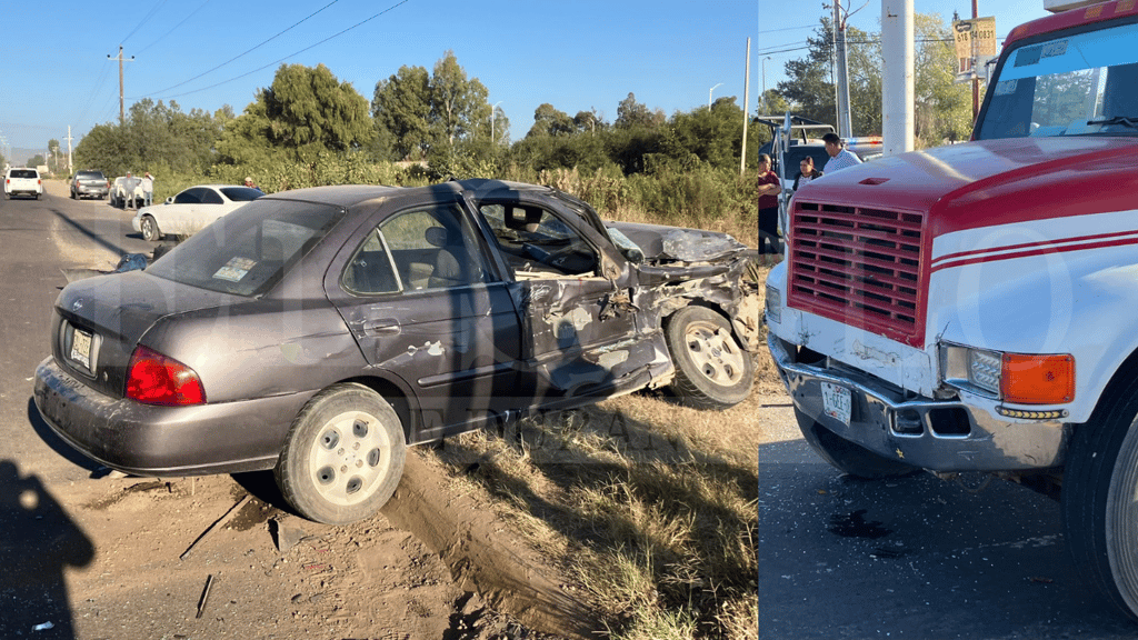 Camión de volteo colisiona con automóvil en salida a Mezquital; hay dos lesionados