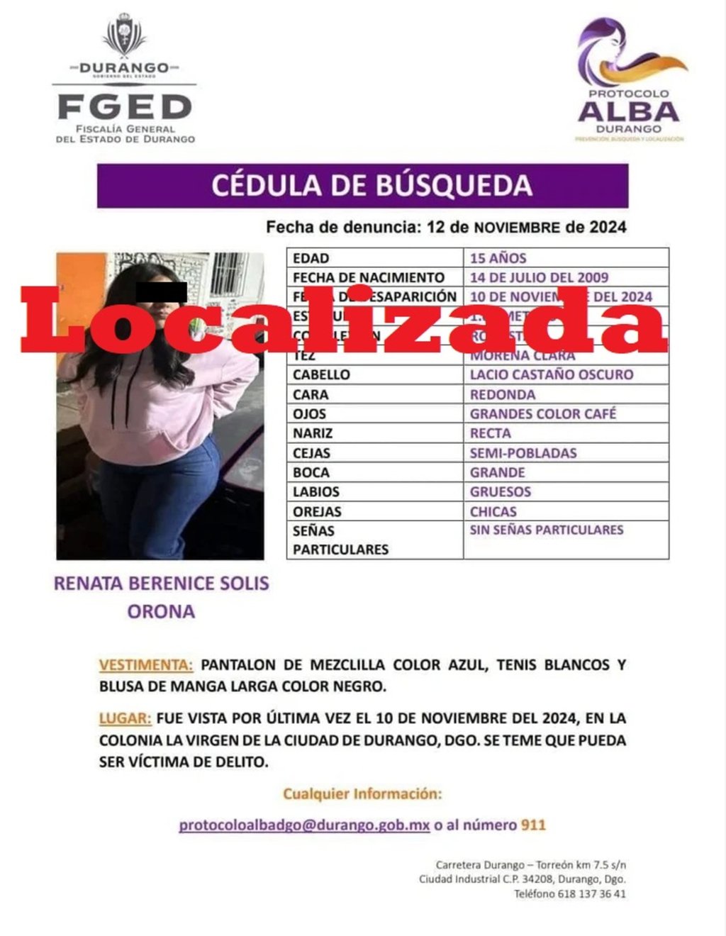 Caso. La adolescente era buscada desde noviembre del 2024; apareció este sábado en El Salto, Pueblo Nuevo, Durango.