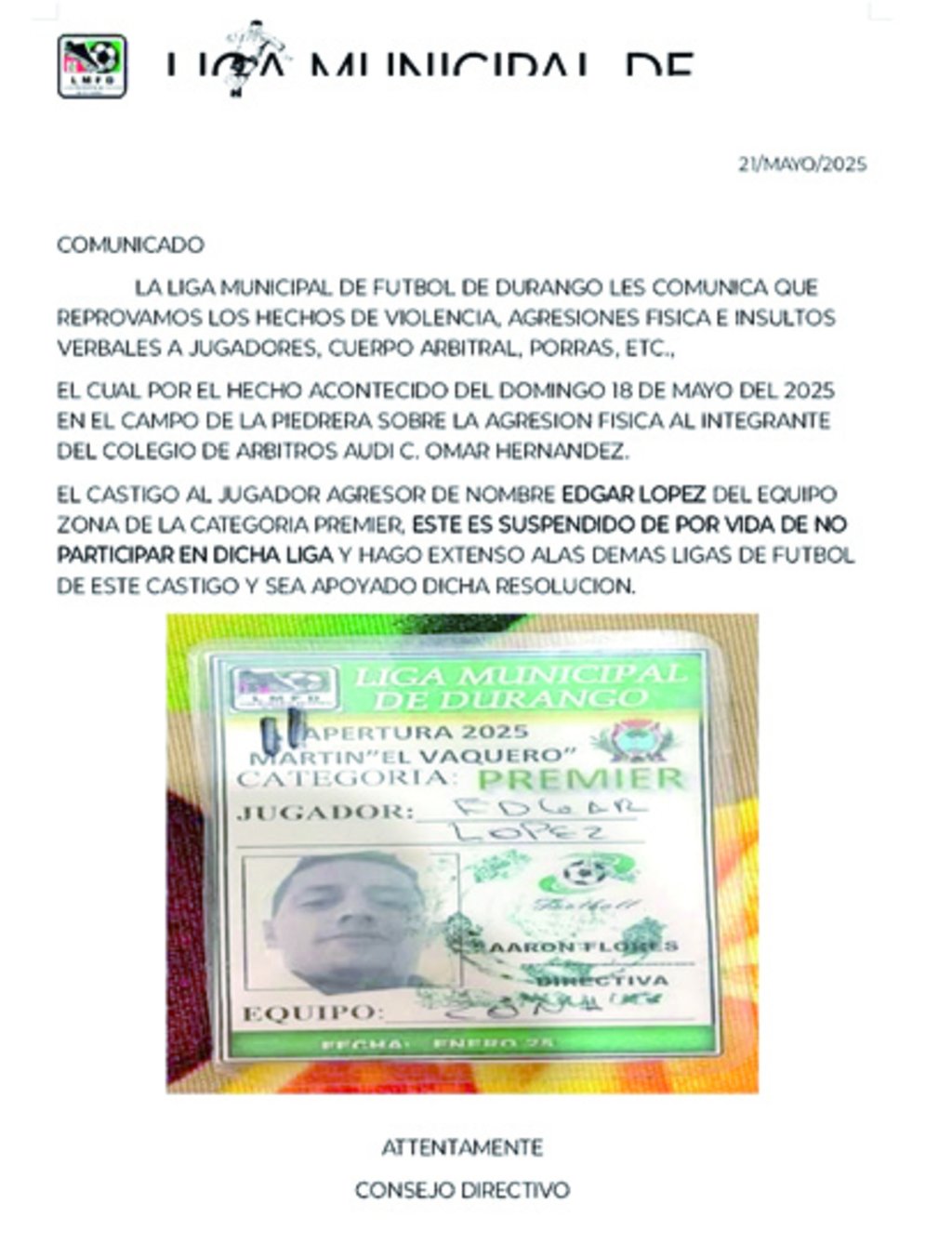 Comunicado. La Liga Municipal emitió un comunicado para hacer público el castigo.