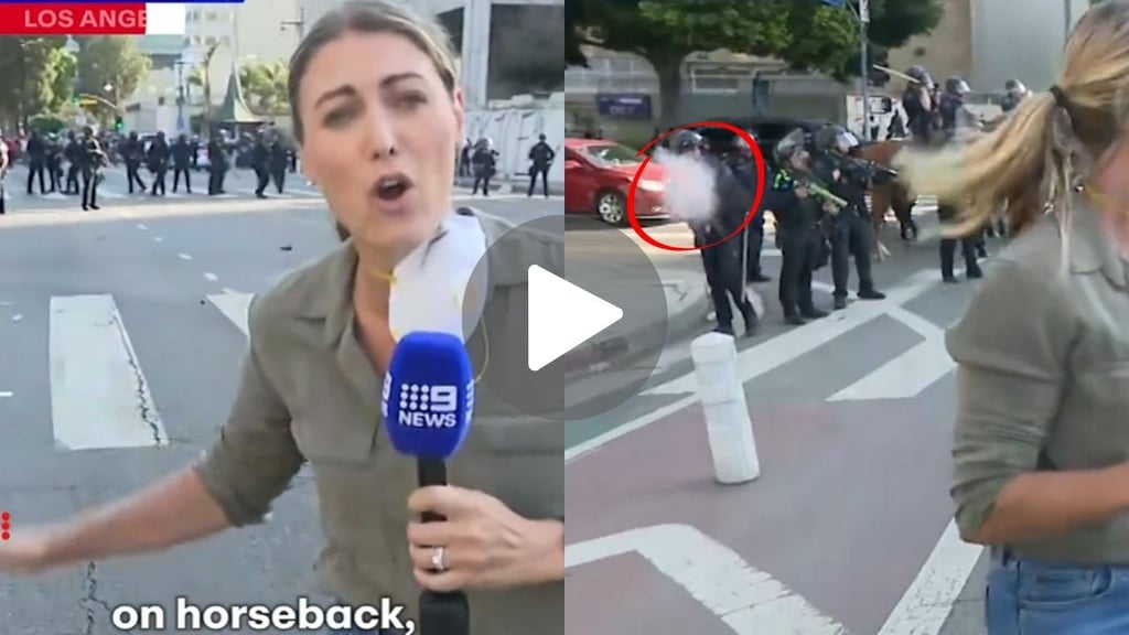 Momento exacto en que periodista es agredida con bala de goma por policías en Los Ángeles | VIDEO
