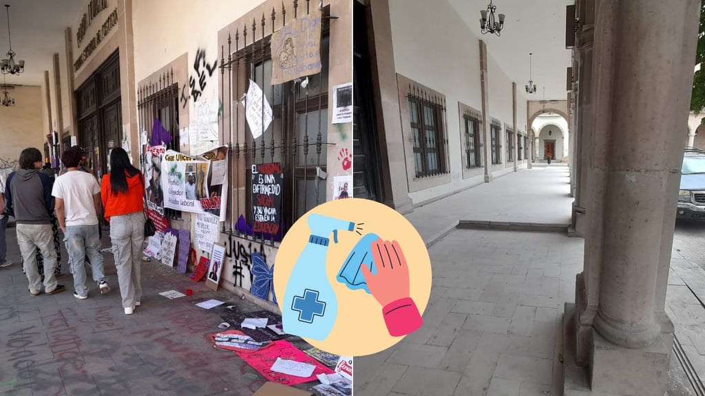 Limpian mensajes del 8M de fachada del Tribunal Superior de Justicia en Durango