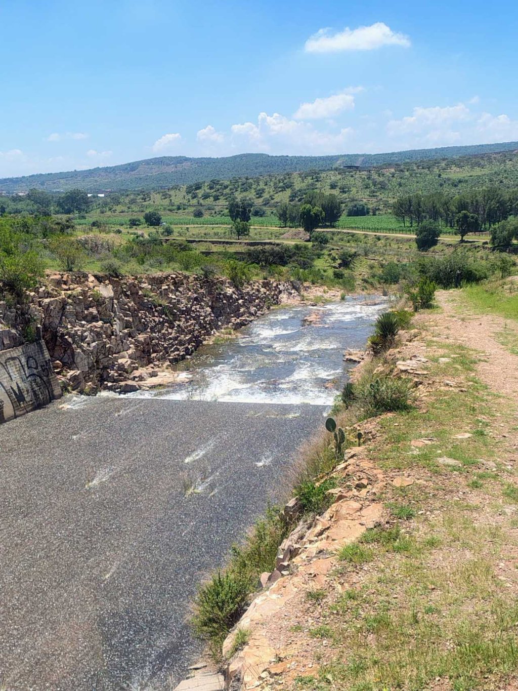 Garabitos. Esta pequeña presa, muy cercana a la zona urbana de Durango, empezó a verter agua al Arroyo Seco al mediodía.