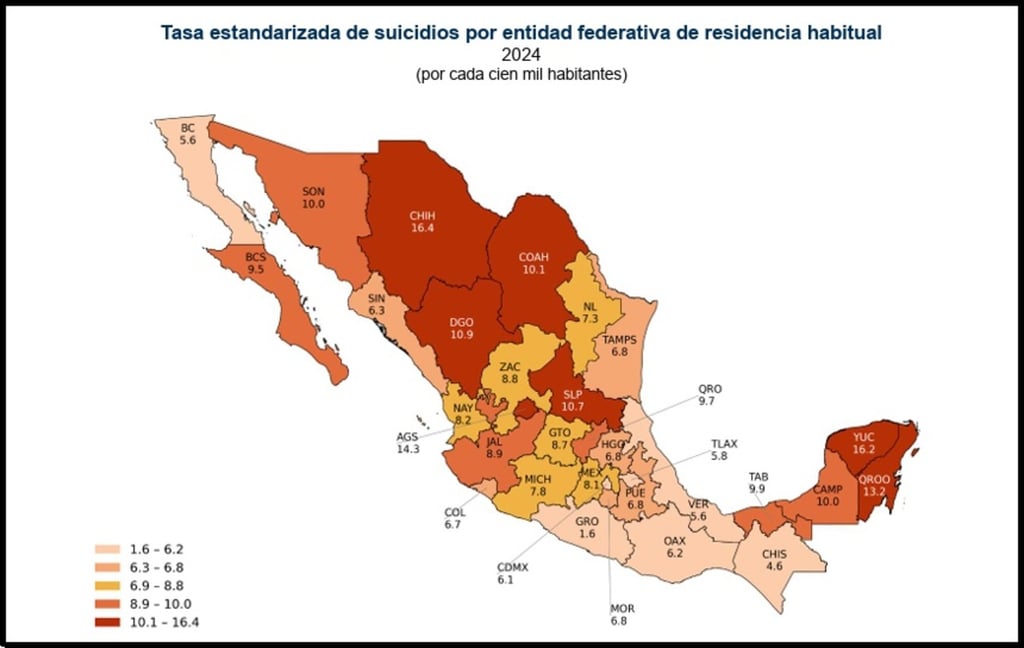 Mapa. Durango está entre las entidades con mayor tasa de suicidios en el país, muy por encima de la tasa nacional, que es de 6.2 suicidios por cada 100 mil habitantes.