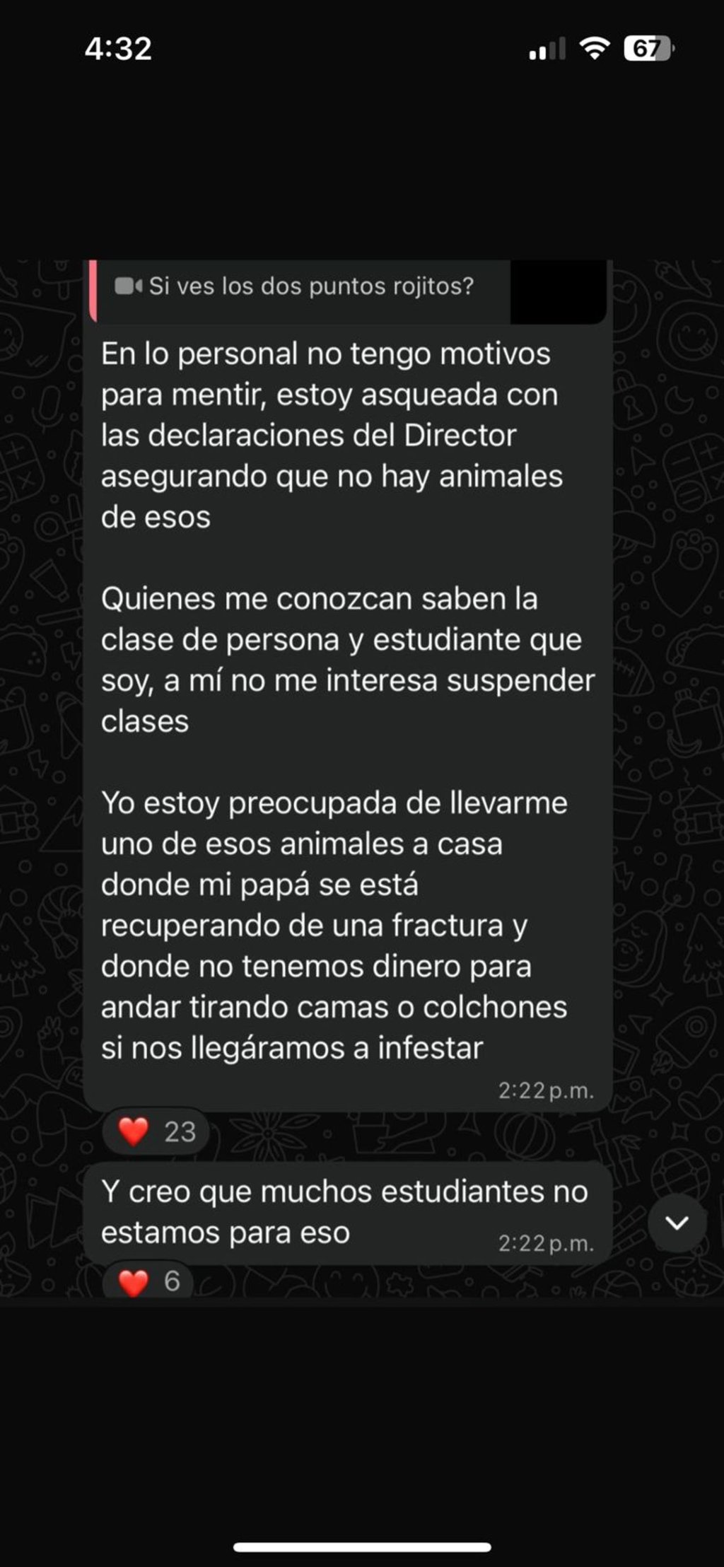 Mensajes. Por whatsApp, los alumnos siguen tratando el tema de las chinches en la Fader y Cipol.