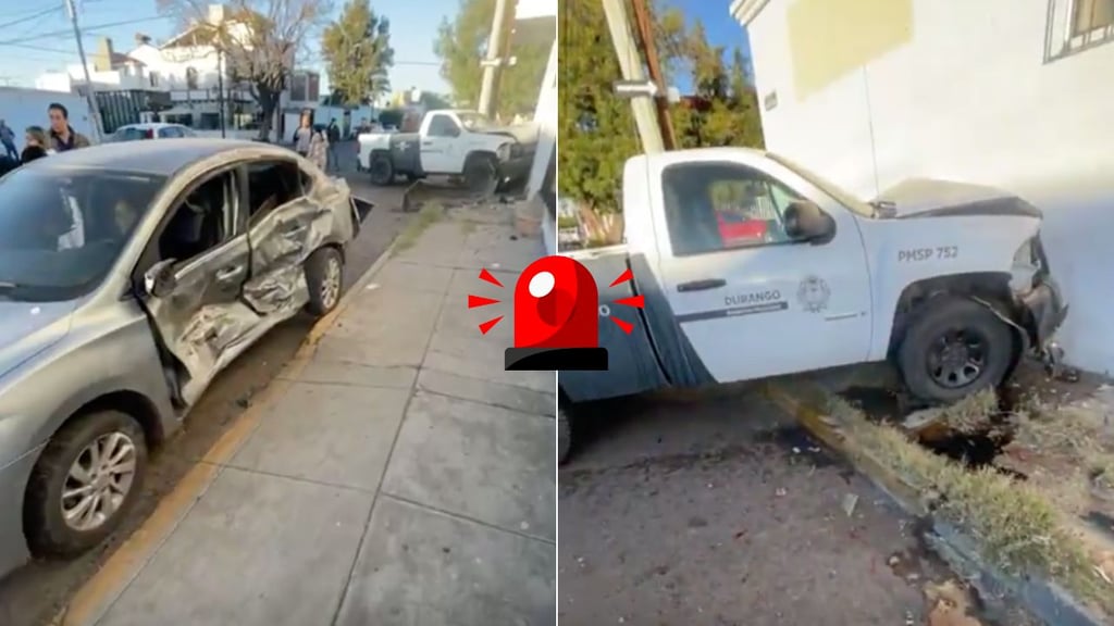 Camioneta del Municipio choca contra auto y derriba parte de un muro en colonia Guillermina