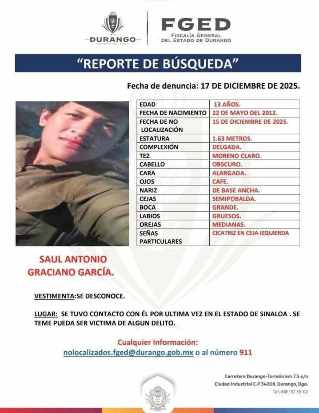 Denuncia. El 17 de diciembre se denunció el caso ante la Fiscalía de Durango. 