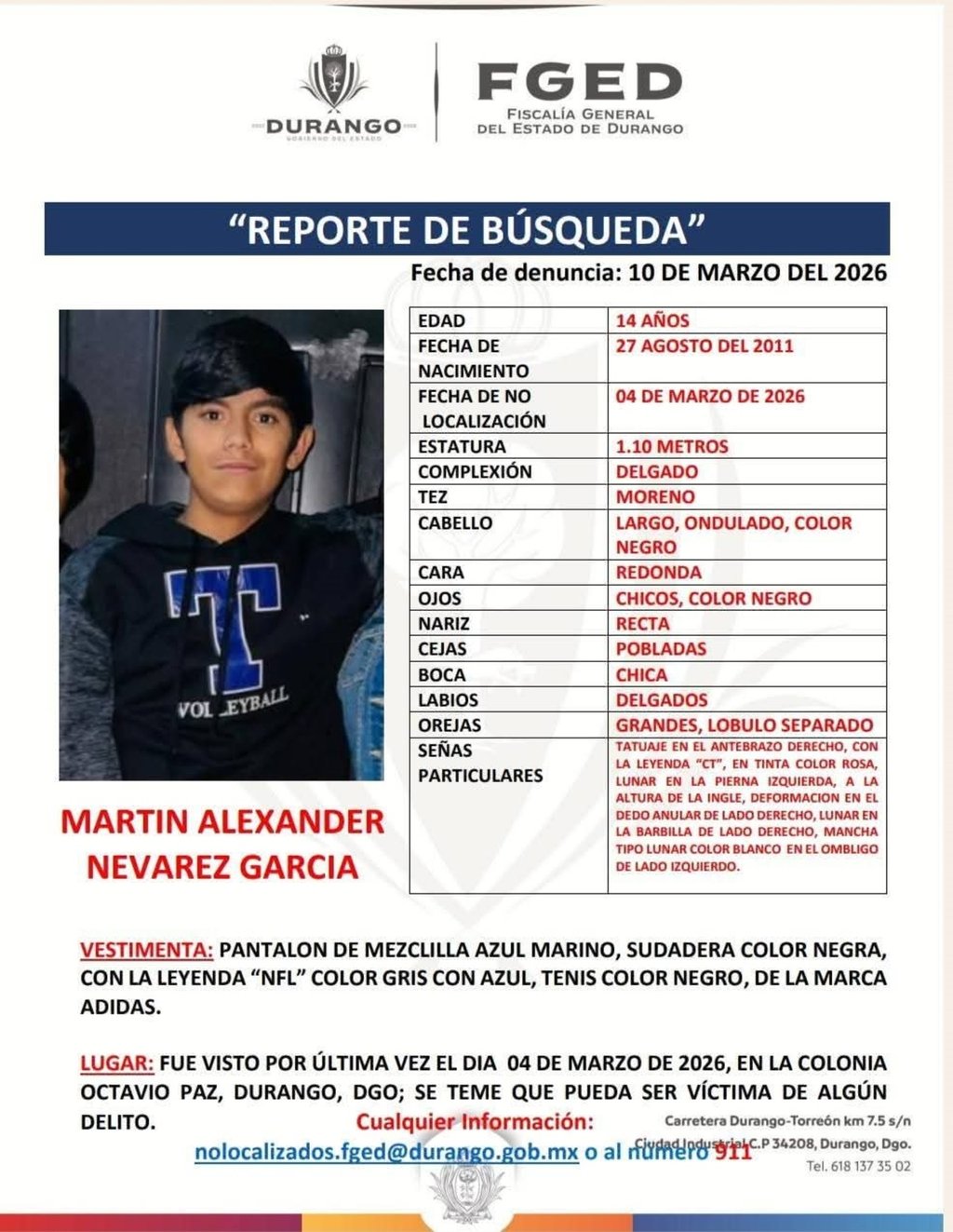 Denuncia. El reporte de su no localización se hizo el pasado 10 de marzo, pero se le vio por última vez el 4 de marzo.