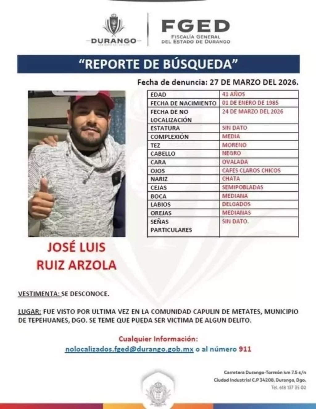 Deceso. Localizaron sin vida a un hombre reportado como desaparecido en Tepehuanes.