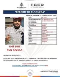 Localizan sin vida a desaparecido desde el 24 de marzo; fue ubicado en barrancho de Tepehuanes