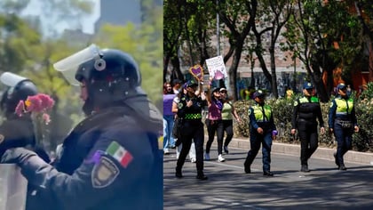 8M:  colectivos dan flores y dulces a mujeres policías durante la marcha | VIDEO
