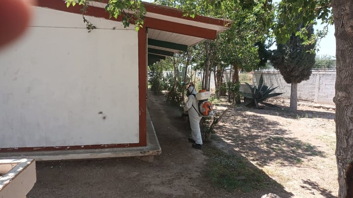 Atención. Trabajadores de Control y Bienestar Animal acudieron a fumigar las instalaciones de la Escuela Secundaria Emiliano Zapata del ejido San Ramón.