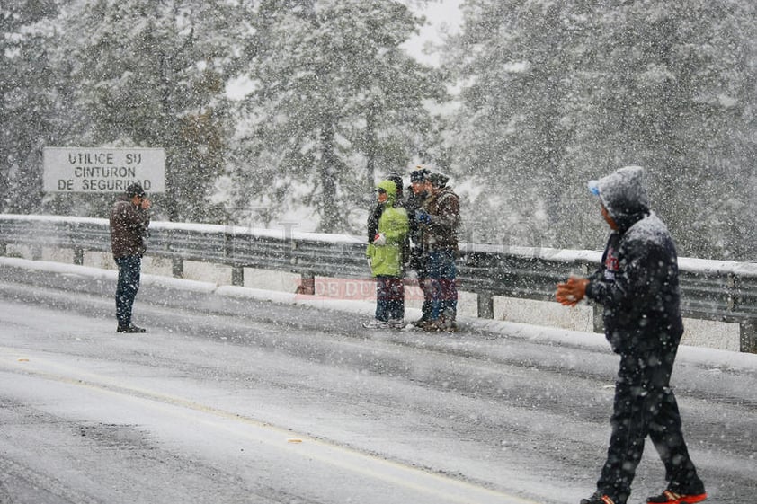 Viajeros no dudaron en salir a la carretera para disfrutar de la nieve y tomarse fotos.