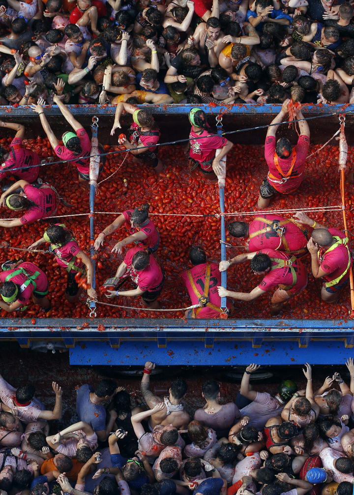 Alrededor de seis camiones son los que arrojaron mas de 150 toneladas de tomate para dar inicio.