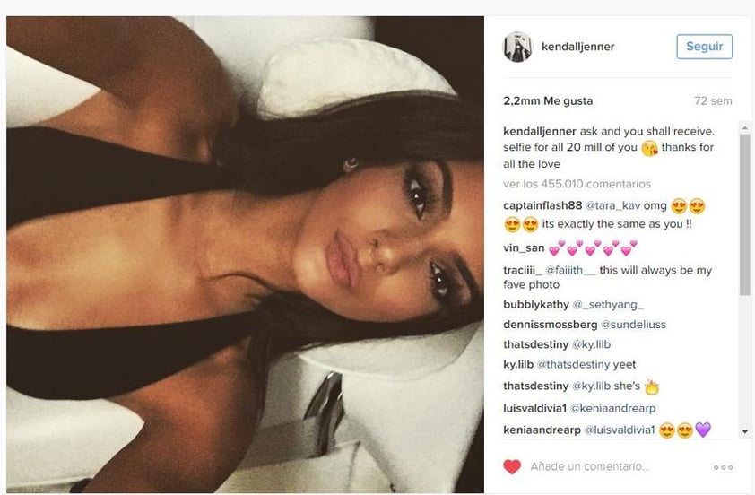 Kendall Jenner cierra el conteo con una selfie que asciende a los 2.2 millones de 'me gusta'.