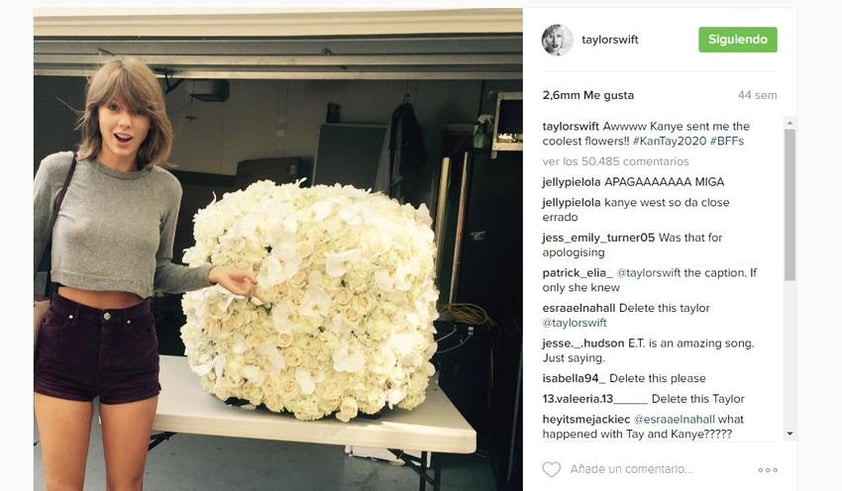 Otra de las populares de Instagram es Taylor Swift, con 2.5 millones de 'me gusta' aparece en el conteo presumiendo flores.