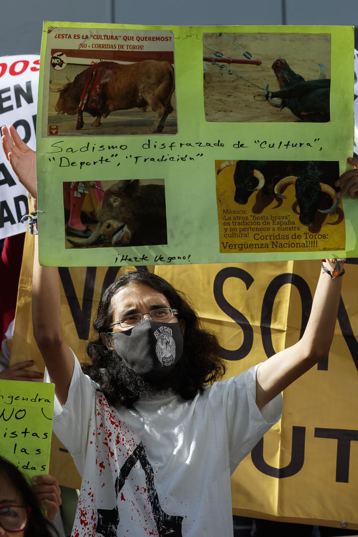 Activistas en contra de la tauromaquia se manifiestan hoy frente a una sede del Poder Judicial de la Federación en Ciudad de México