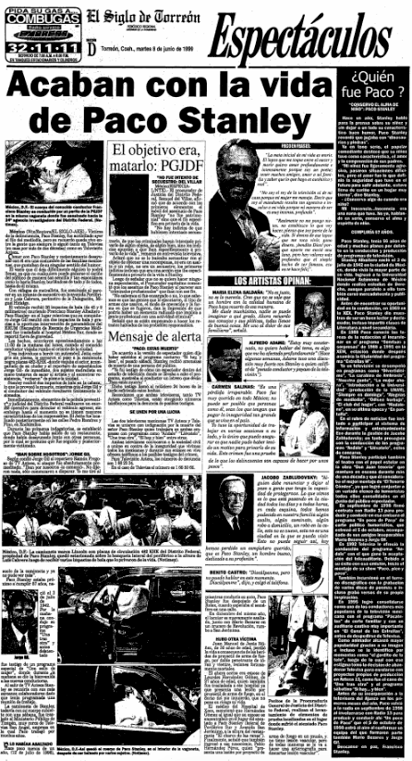 Así informó El Siglo de Torreón el asesinato de Paco Stanley, un crimen ocurrido el 7 de junio de 1999.